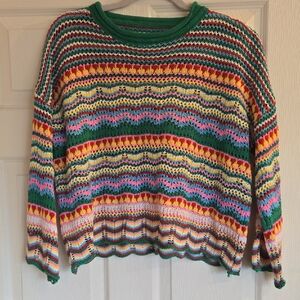Colorful Open Knit Striped Women's Sweater Medium